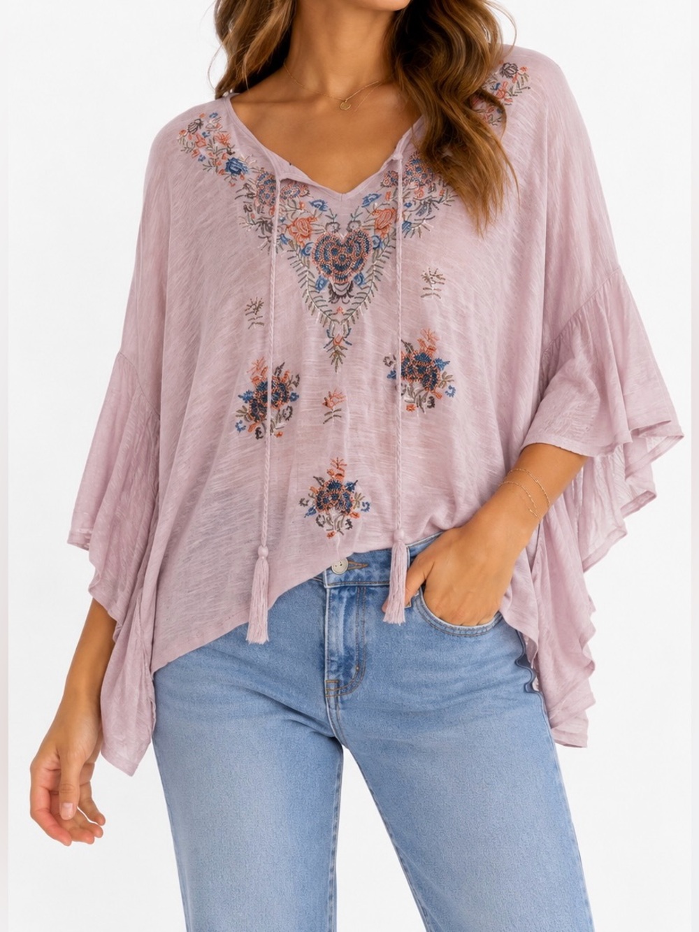 entro Light Pink and Multicolor Embroidered V-Neck Peasant Blouse - Size S NWT